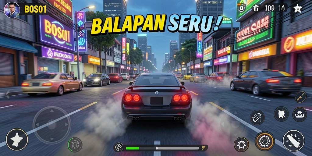Screenshot gameplay BOS01 menampilkan aksi balapan yang menegangkan dan kendaraan yang beragam.