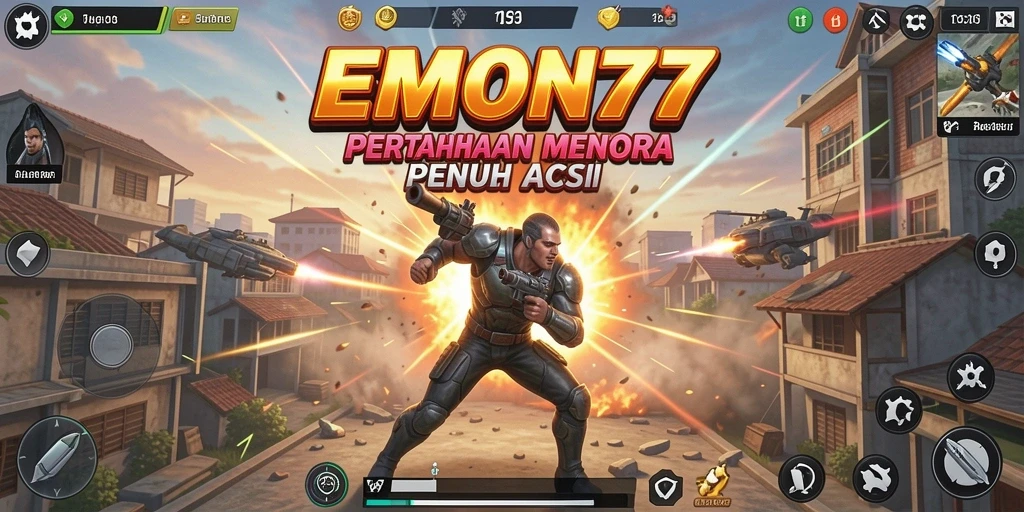 Tangkapan layar gameplay EMON77 menampilkan aksi Tower Defense yang intens.
