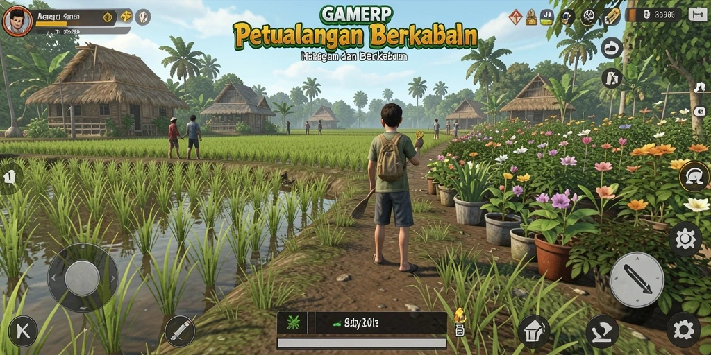 Tampilan gameplay GAMERP dengan aktivitas berkebun yang menarik.