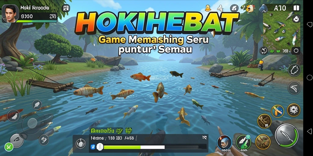 Tampilan gameplay seru HOKIHEBAT saat memancing ikan di danau.