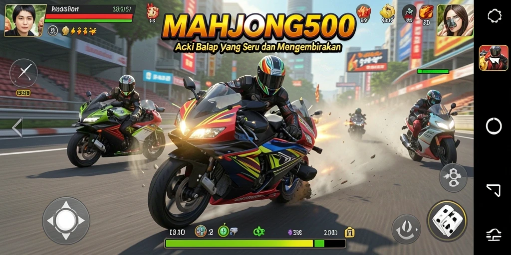 Screenshot gameplay MAHJONG500 menampilkan balapan motor yang mendebarkan dan grafis memukau.