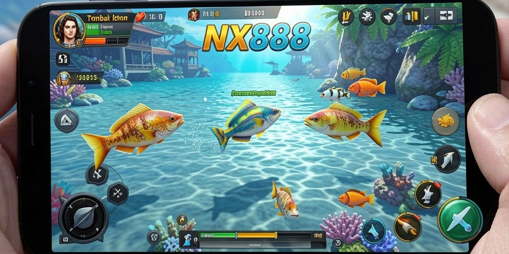 Tampilan gameplay seru dalam NX888 saat menembak ikan.