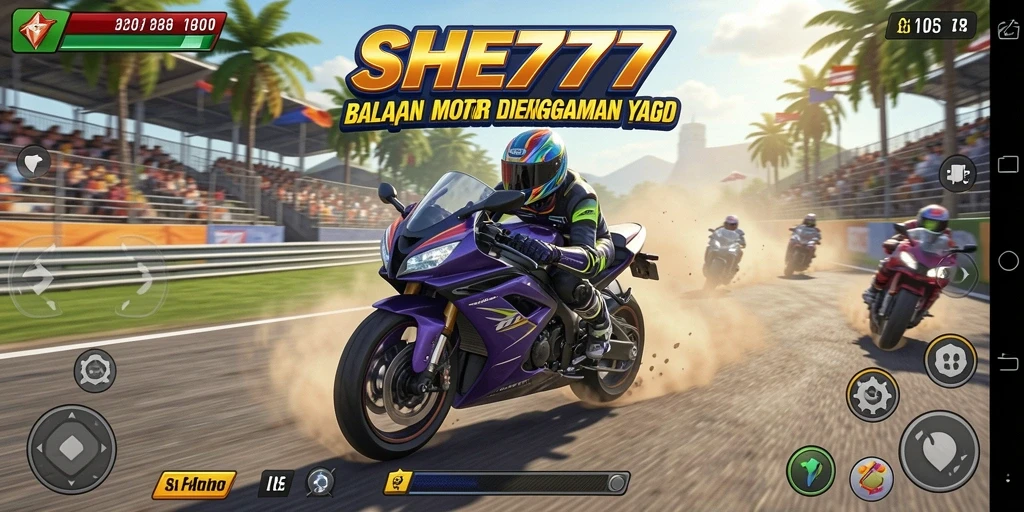 Screenshot utama SHE777 menampilkan aksi balapan motor yang seru dan mendebarkan.